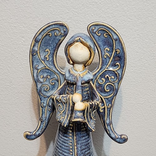 STUDIO POTTERY Blue Glazed Ceramic ANGEL w/ HORN Spanned Wings Detailed 7.75" - Picture 3 of 13