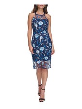 GUESS Womens Navy Lined Sleeveless Illusion Neckline Knee Length Sheath Dress 2