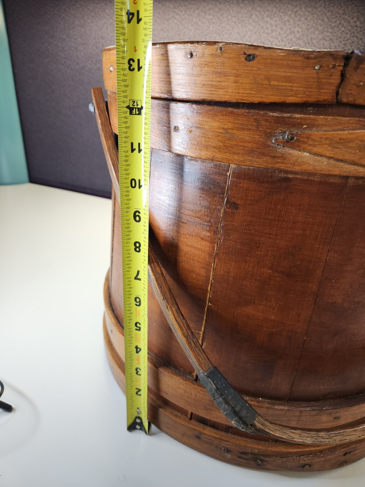 Antique Firkin Primitive Wooden Sugar Bucket with Handle 13.5" Tall