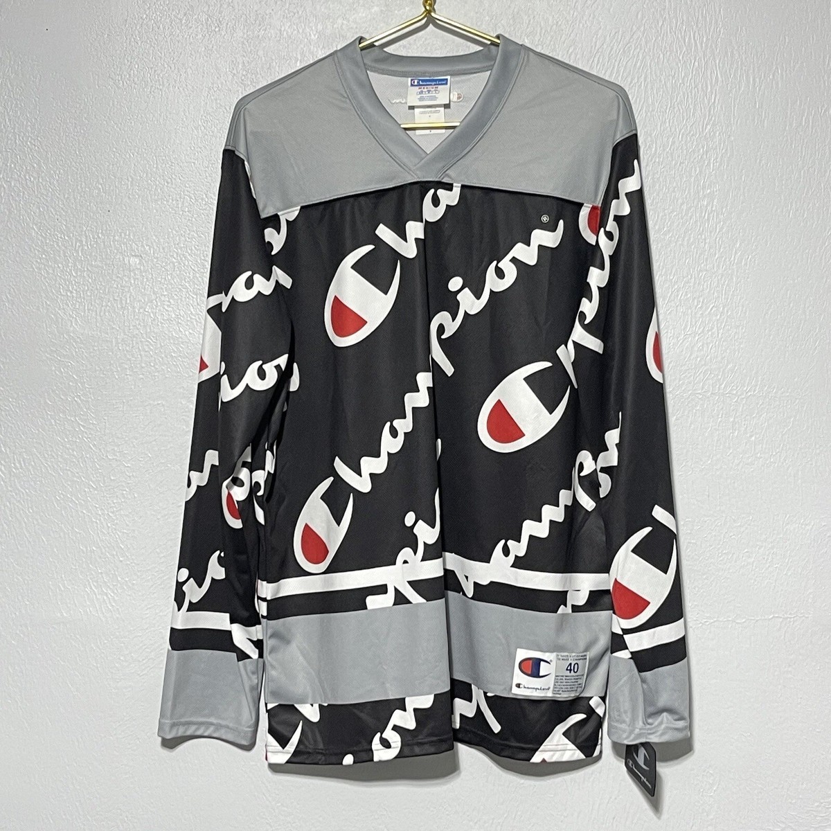 CHAMPION Spell Out All Over Gray & Black Hockey Jersey Shirt Men