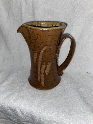 Handmade Multicolored Glazed Pottery Pitcher 7 Inches Tall Signed On Bottom