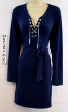 NWT MICHAEL KORS SIZE S NAVY L/S LACE UP CHAIN BELTED SHIRT DRESS Classy!!