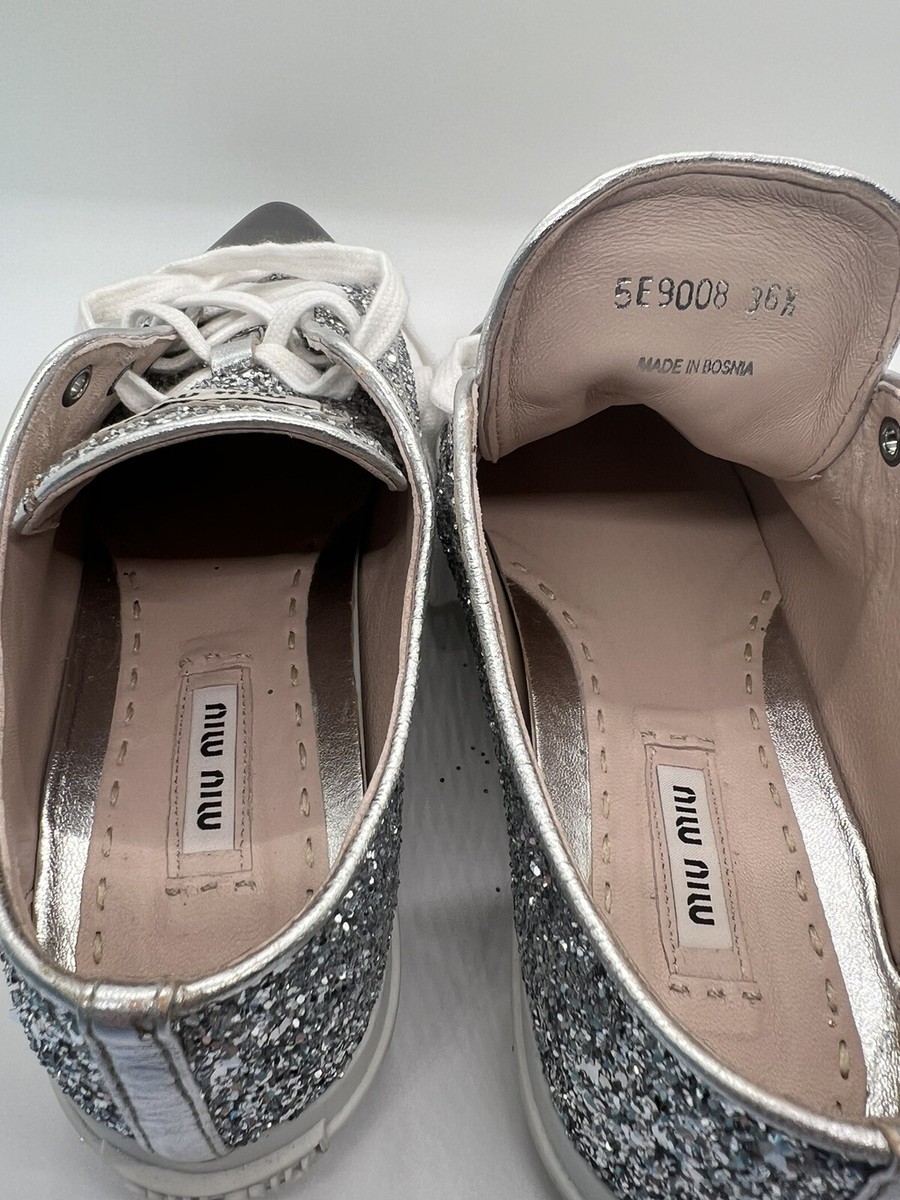 Miu Miu Women's Cap Toe Silver Flat Shoes Sneakers Lace Up Size