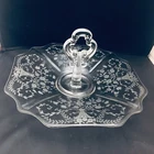 Vintage Glass Serving Tray Etched Flowers Elegant Glass Handle Tidbit BonBon EC