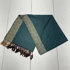 Pashmina Teal Blue & Beige Floral Print Scarf Fringe Hem Women’s 