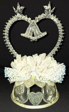 VTG 1973 BLOWN GLASS HEART w/ BELLS & LOVE BIRDS DOVES LACE WEDDING CAKE TOPPER