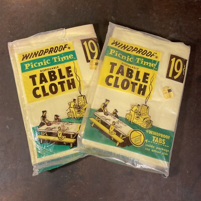 2 Unused Vintage Windproof Picnic Time Disposable Tablecloth Yellow 78 x 40''