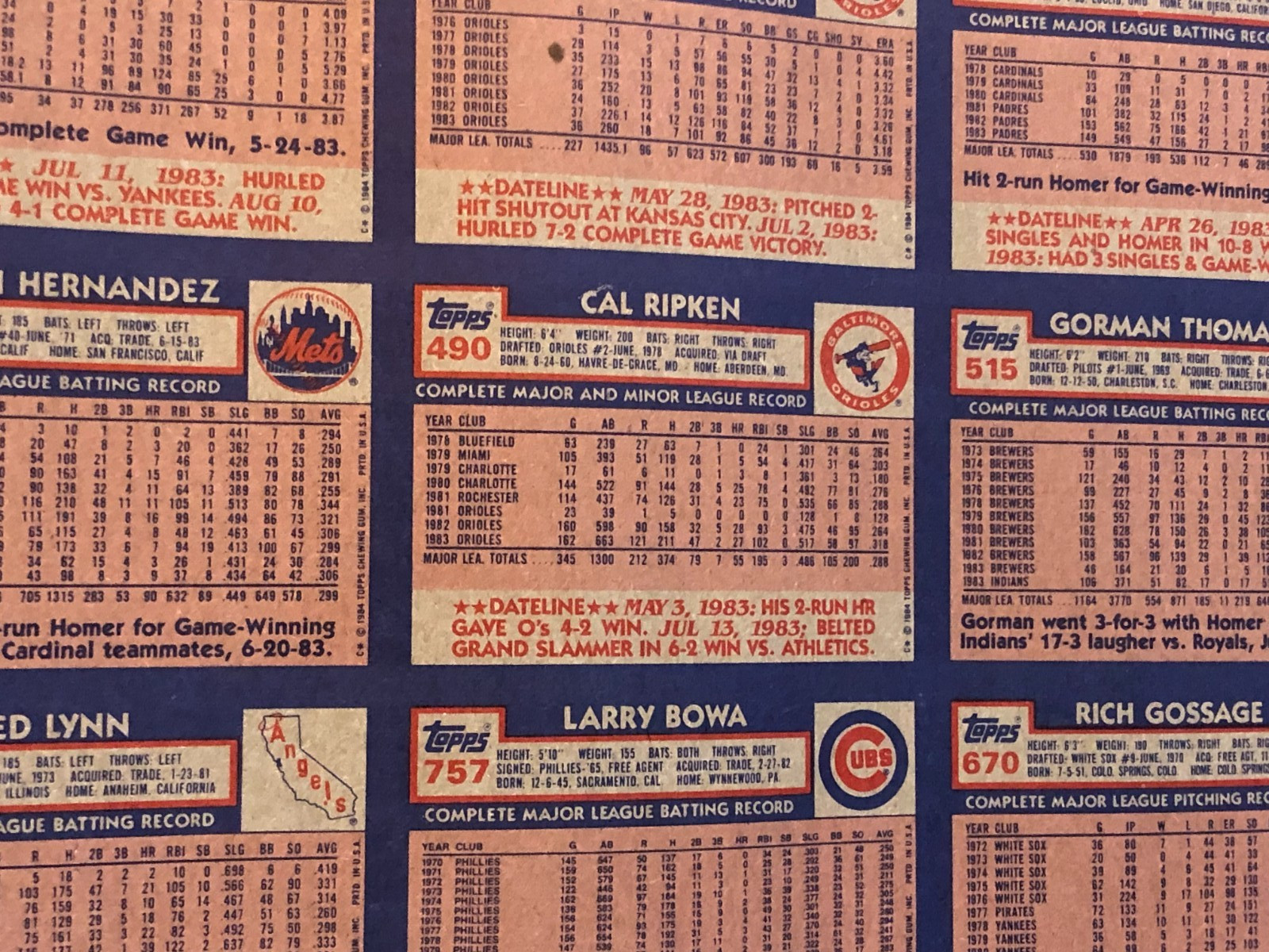 1984 Topps Baseball Card VINTAGE Uncut Sheet (132 Cards) 28" x 43" w/ Cal Ripken