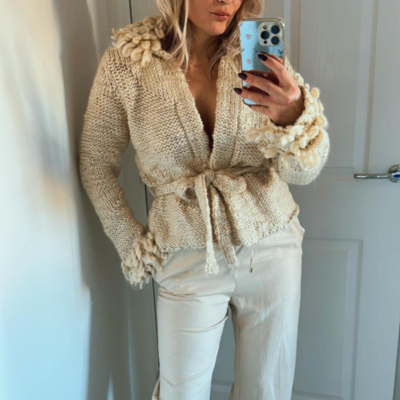 Zara Chunky Knit Cardigan Belted Jacket Ecru Cream White Size S M