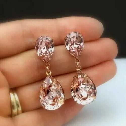 4Ct Pear Cut Lab Created Morganite Drop & Dangle Earrings 14K Rose Gold Plated - Picture 1 of 7