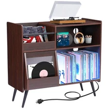 RGB LED Record Player Stand Cabinet Turntable Stand w/ Power Outlets & USB Ports