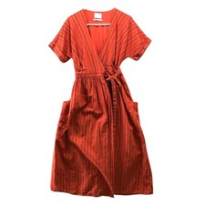 Urban Outfitters Gabrielle Wrap Midi Dress XS Burnt Orange Linen Blend Striped