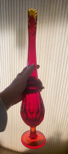FENTON MCM Flame Glow Ruby Red Thumbprint Swung Glass Vase 18 Inch UV Reactive