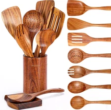 9 Piece Natural Teak Wooden Kitchen Utensil Set with Spoon Rest - Comfort Grip C