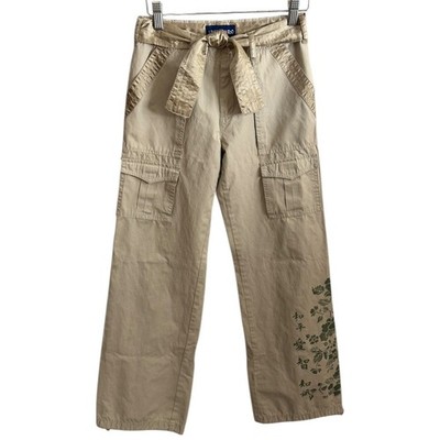 Vintage Y2K Limited Too Cargo Pants Tan Size 2 Floral Asian Print Embellished