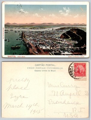 1915 Santos Brazil Panoramic View Port City Ships Postcard Benedicto Calixto