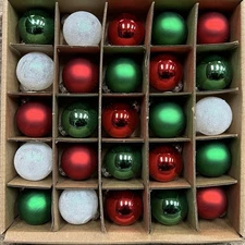 Jingles Joy Red Green White Solid Glitter Glass Christmas Ornaments 1” Set 25