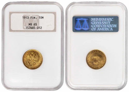i-650104 Finland under Russia 10 Markkaa 1913 S. NGC MS 65. Gold coin.