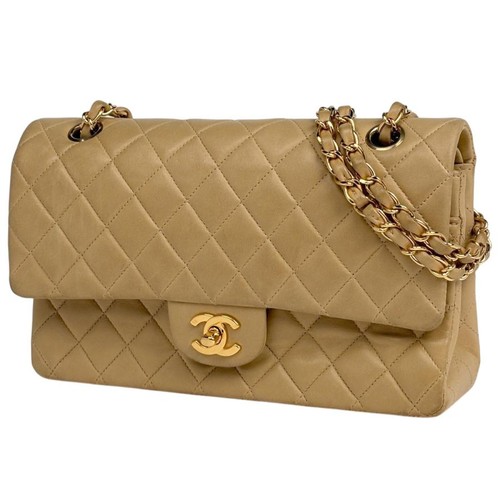 Chanel Matelasse Double Flap Chain CC Mark Leather Beige Shoulder Bag #BS2711