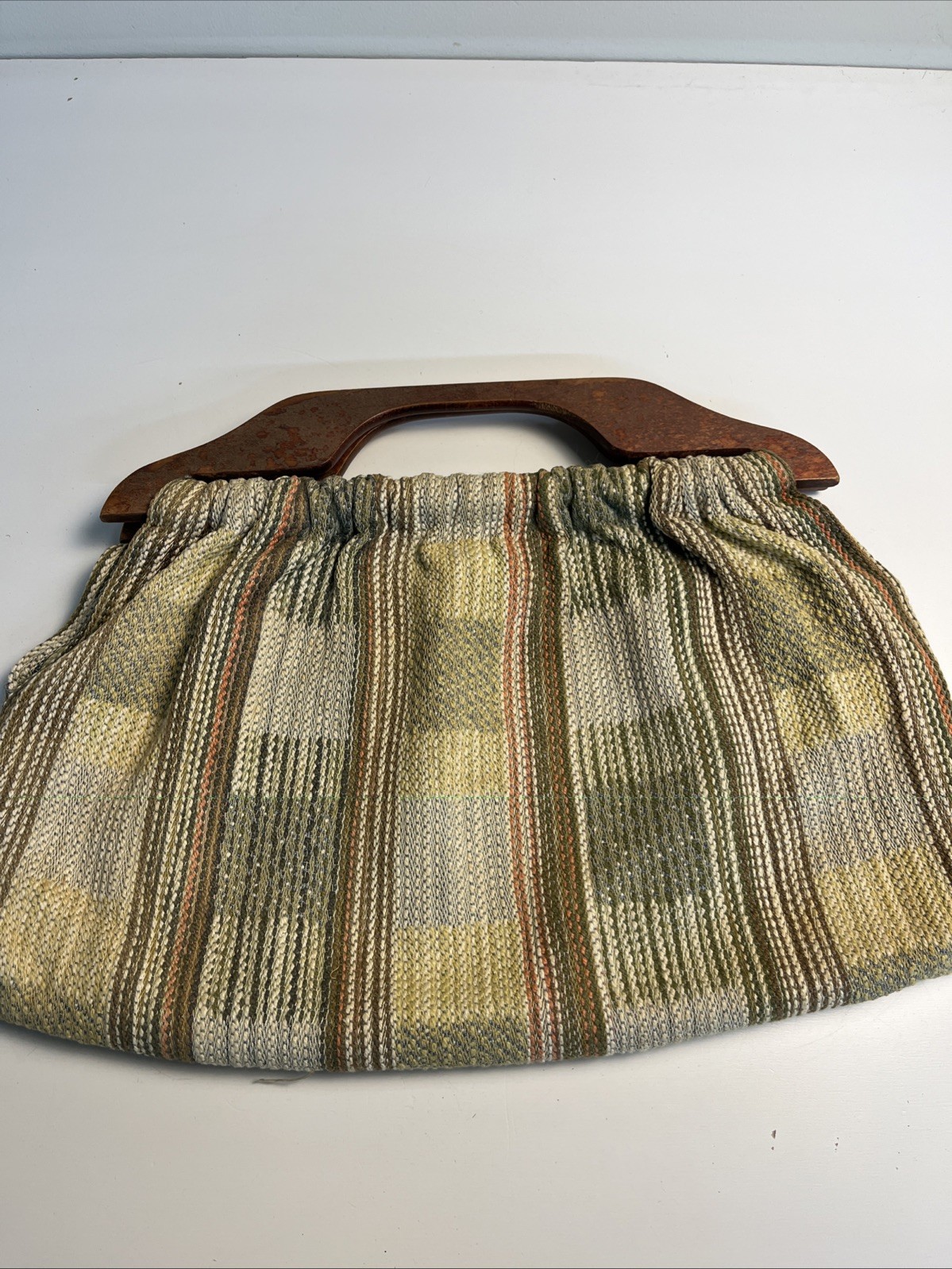 Vintage Mid Century Woven Fabric Needlework Bag Wood Handles