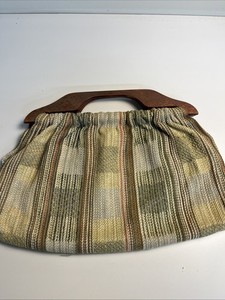 Vintage Mid Century Woven Fabric Needlework Bag Wood Handles