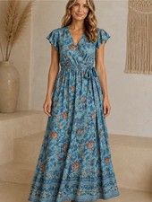 BAND OF THE FREE Band Of Gypsies Sz L Floral Faux Wrap Maxi Dress Turquoise