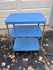 Vintage Mid Century Cosco Blue & Chrome 3 Tier Metal Rolling Cart Industrial