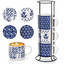 4 Pack Ceramic Coffee Mug Set with Rack, 16 OZ Stackable Cappuccino Cups with...