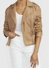 Beige Leather Jacket Women Biker Moto Pure Lambskin Size S M L XL XXL Custom-236