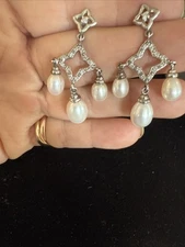 David Yurman Diamond And Pearl Quatrefoil Drop Earrings 925/750 Pre Owned