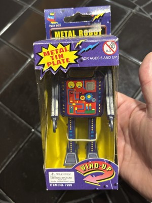RARE METAL TIN PLATE VINTAGE 90 s PLAY BOX ROBOT IN BOX BLUE WIND UP