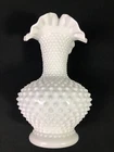 Vintage Large Fenton White Milk Glass Vase 10.5" Hobnail Ruffled Crimped Edges