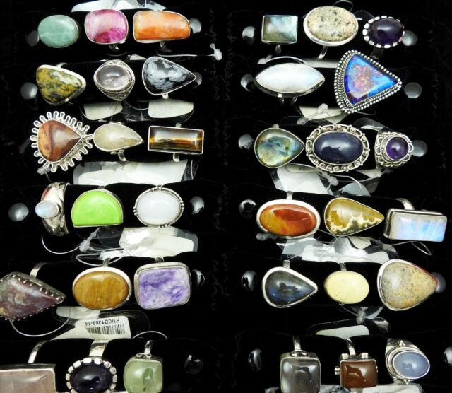 Assorted Gemstones 925 Sterling Silver Chunky Hippie Rings Lot Wholesale Jewelry