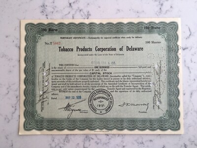 tobacco products corporation stock certificate ANTIQUE TOBACCO PRODUCTS CORPORATION CAPITAL STOCK CERTIFICATE 1932 100  SHARES