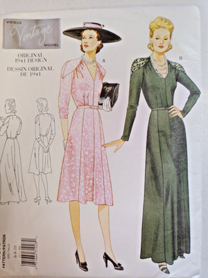 Dress Belt V Neck Gown 6 8 10 Vogue 2371 Sewing Pattern UC VTG Reproduction 1941