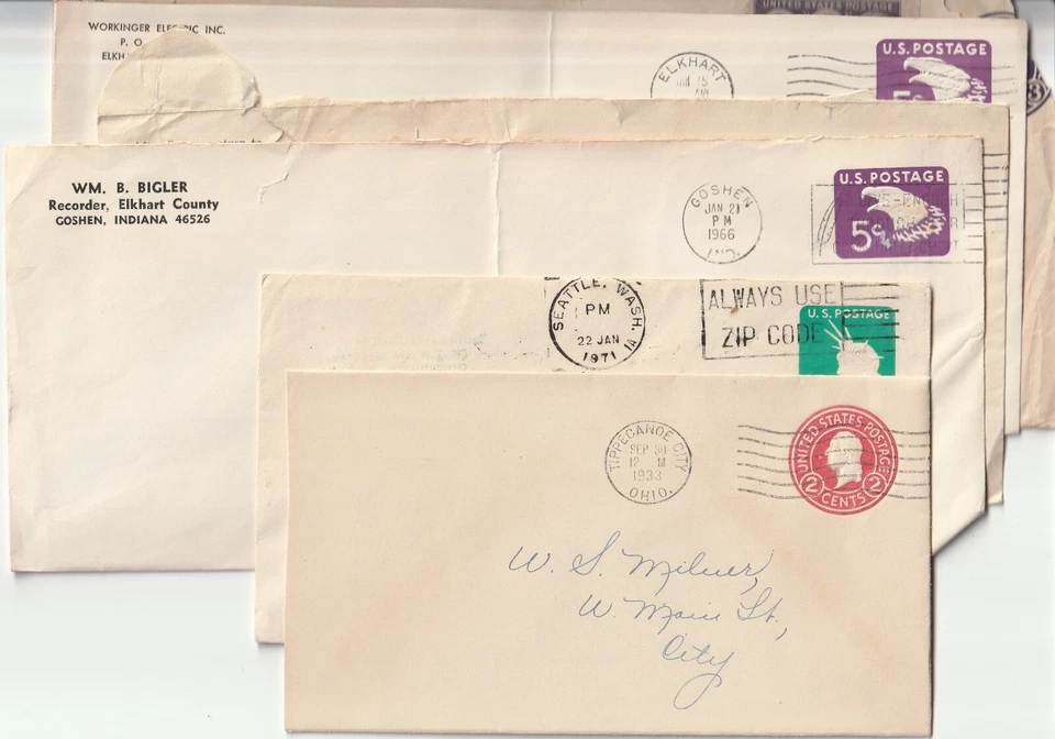 LOT OF 5 VINTAGE US BUSINESS COVER ENVELOPES WITH EMBOSSED POSTAGE STAMPS - Image 2 of 3