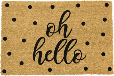 Oh Hello Felpudo Natural Coir Dots Negro Impresión Interior Exterior Saludo A... - Imagen 1 de 2