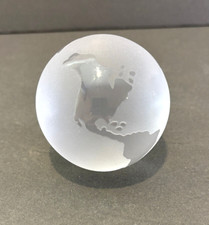 VTG World Globe Earth Paperweight Etched Frosted Crystal Glass Clear Office