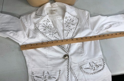 Crystal Blend Cotton Blend Stretch White M Bedazzled Ladies Short Blazer Jacket - Picture 9 of 10