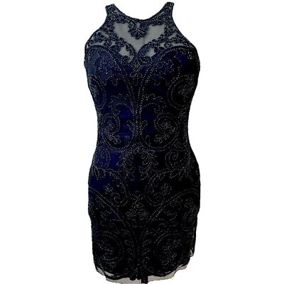 Beaded Navy Blue sleeveless Mini prom formal wedding party dress Sz: L |  eBay