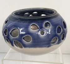 Janet Rodriguez Votive Tea Candle Holder Hart Street Pierced Drip Glaze Blue