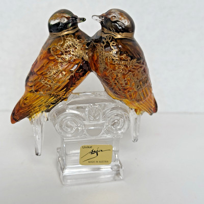 Glass Love Bird Figurines Nachtmann Asja Lead Crystal Amber Gold Paint Accents