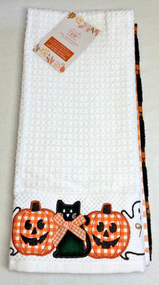 RACHEL ASHWELL FARMHOUSE (3) KITCHEN TOWELS BLACK CAT JACK O LANTERNS NWT