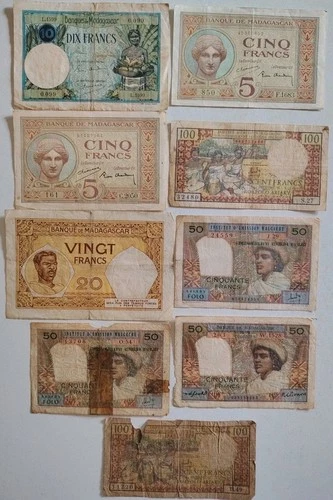 Lot 9 Banknotes Bank Madagascar Colonization