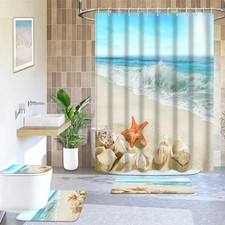 4Pcs Summer Beach Bathroom Shower Curtain Sets with Rugs, Sand Starfish Seash...