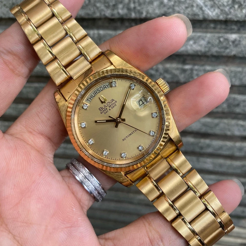 Rare Bulova President Super Seville Day Date Diamond Automatic Vintage Men Watch - image 4 of 4