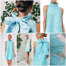 Tuckernuck Cyan Blythe Bow-Tie High Ruffle Collar Dress Small