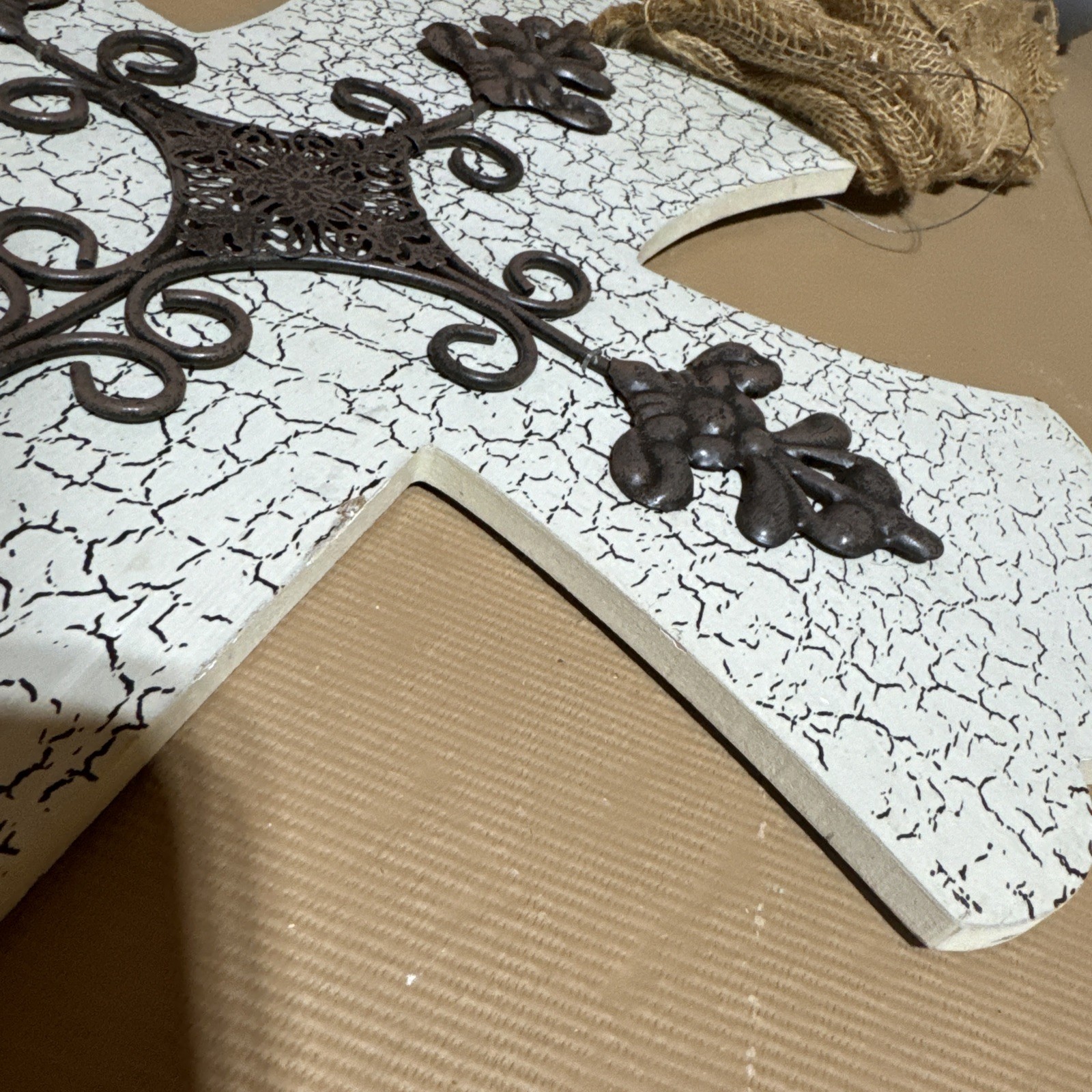 Large Cross Christian Wall Decor Wooden White Brown NWT 24x17”