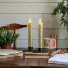 Primitive Country 6.75" Moving Flame 2 pc Green Flicker Taper Candle 6hr timer