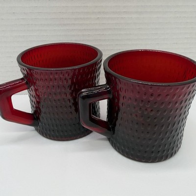 Set Of 2 Vintage 8oz Ruby Red Ambrtina Glass Coffee Cups Textured Hobnail